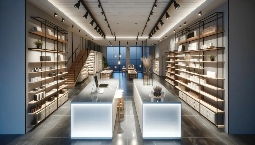 An inviting and modern retail space, showcasing the final results of a successful shop fitting project with a contemporary design, sleek shelving units, and elegant display counters